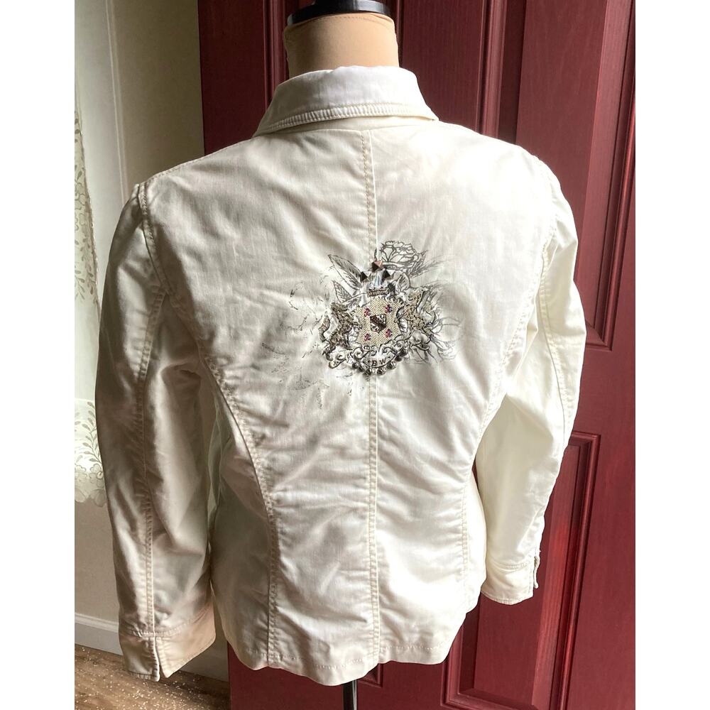 Blue Willi's Life Jacket Women M Cream Studs Embroidered Coat of Arms Style Back